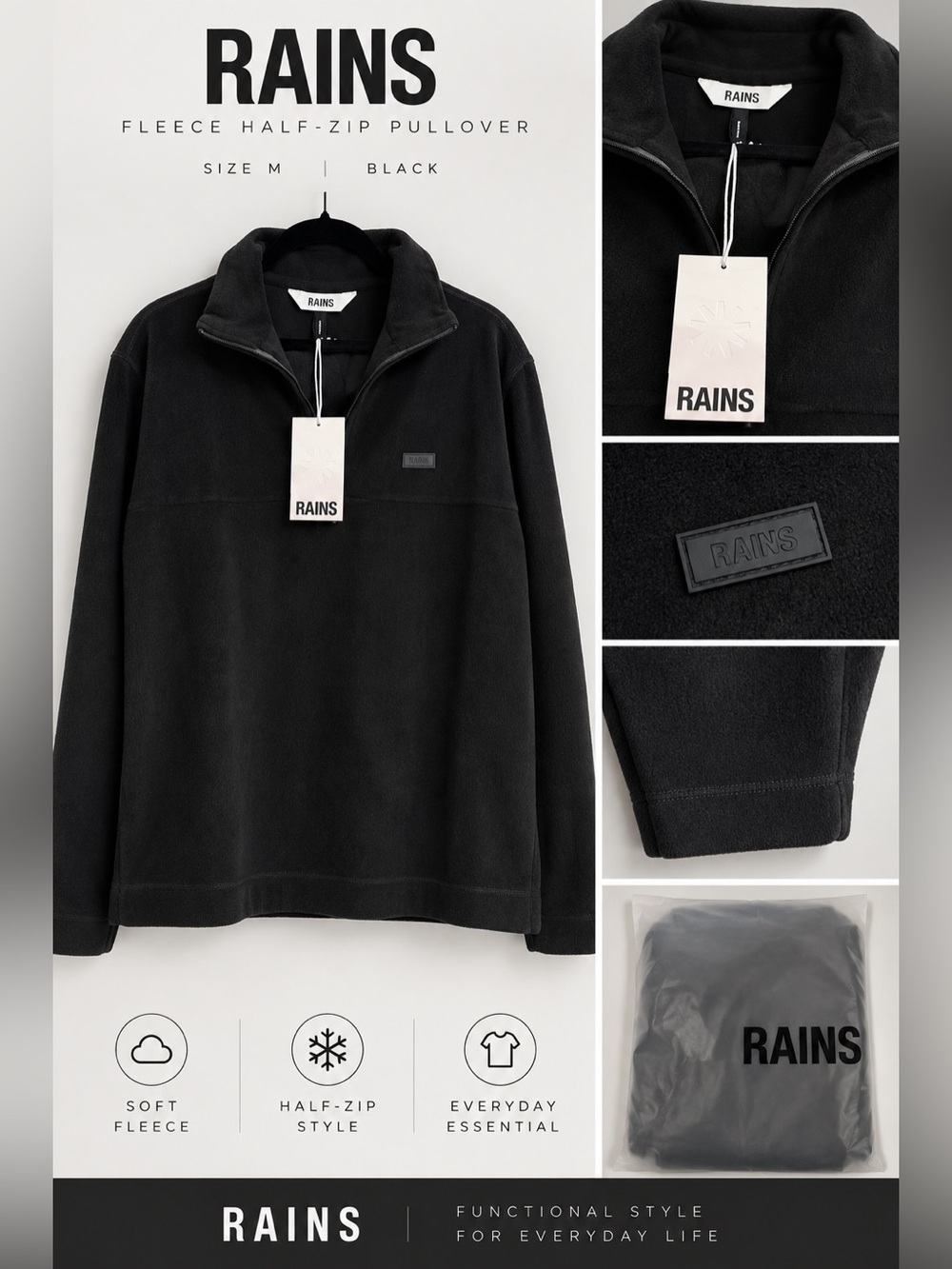 NWT!! RAINS Black Fleece Half-Zip Pullover Unisex Size M